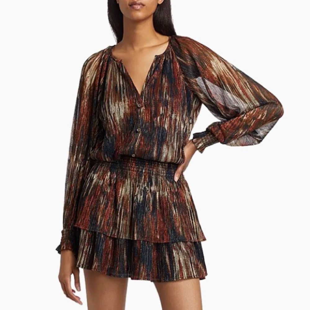 Ramy Brook Metallic Multi-Color Shimmer Tiered Long-Sleeve Mini Dress artsy glam